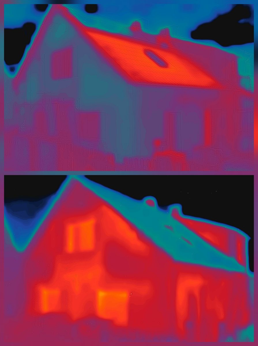 Twee warmtebeelden van een eengezinswoning over elkaar, voor en na de coating. Gevelvlakken en dak steken kleurmatig duidelijk van elkaar af.