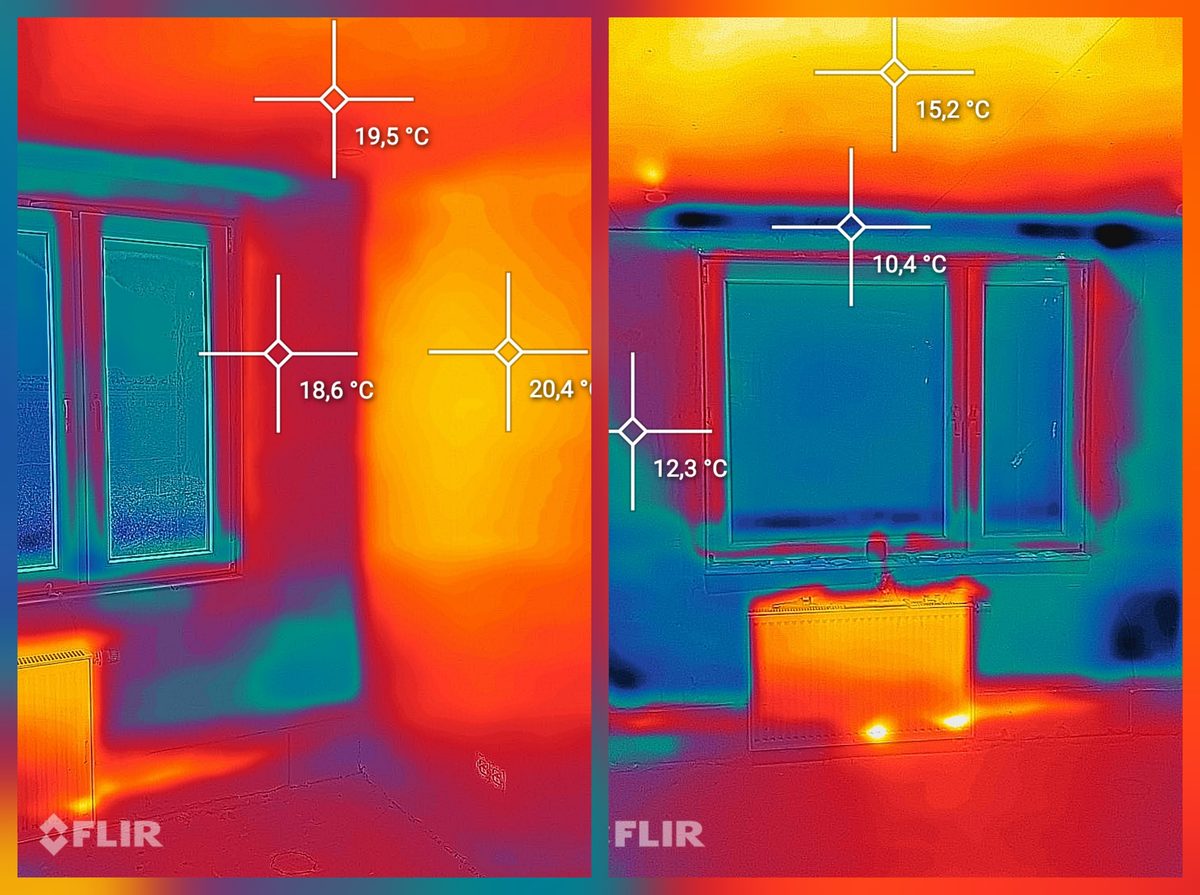 Twee warmtebeelden van een woonruimte naast elkaar. Rechts koude meetpunten met 15,2, 10,4 en 12,3 graden aan wand en raamlatei, links dezelfde plek met 19,5, 18,6 en 20,4 graden.