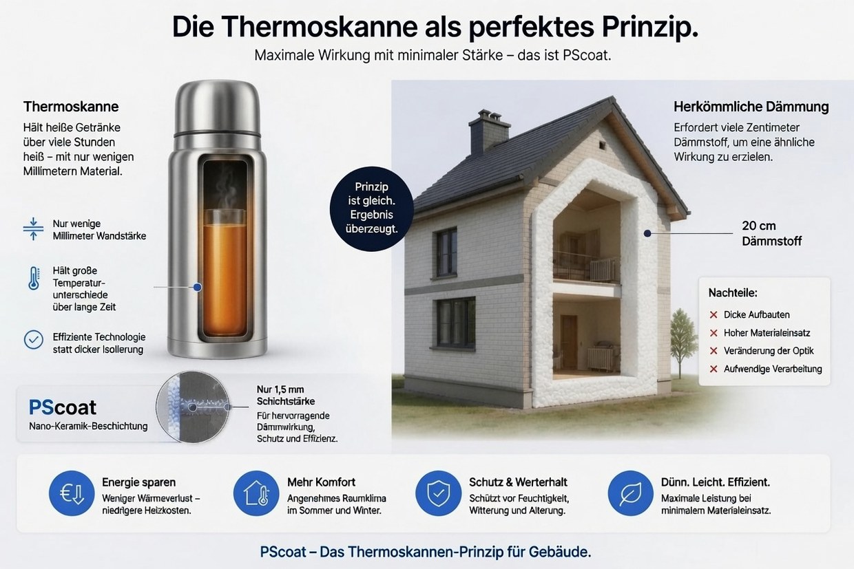 Vergelijkingsgrafiek: een thermoskan houdt de warmte vast met een paar millimeter wanddikte, klassieke isolatie heeft daarvoor vijftien tot twintig centimeter piepschuim nodig