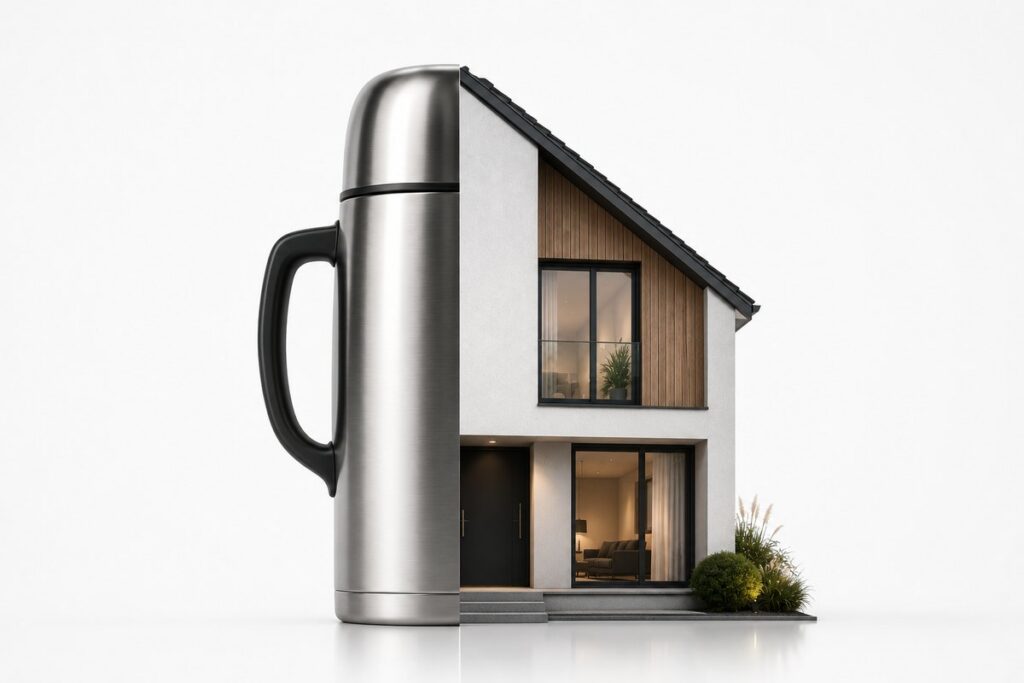 Een woonhuis waarvan de linkerhelft is uitgevoerd als thermoskan — de coating houdt de warmte in het gebouw, in plaats van de wand dikker te maken.